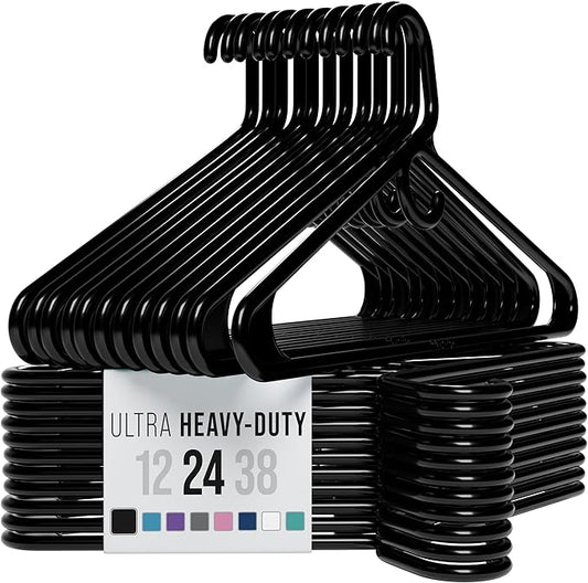 NEATERIZE Thick Heavy Duty Hangers - Black Plastic Clothes Hangers 24 Pack - Great for Coat Hanger, Jackets Jeans & Suit Hanger for Closet - New Apartment Essentials Percheros Ganchos para Colgar Ropa