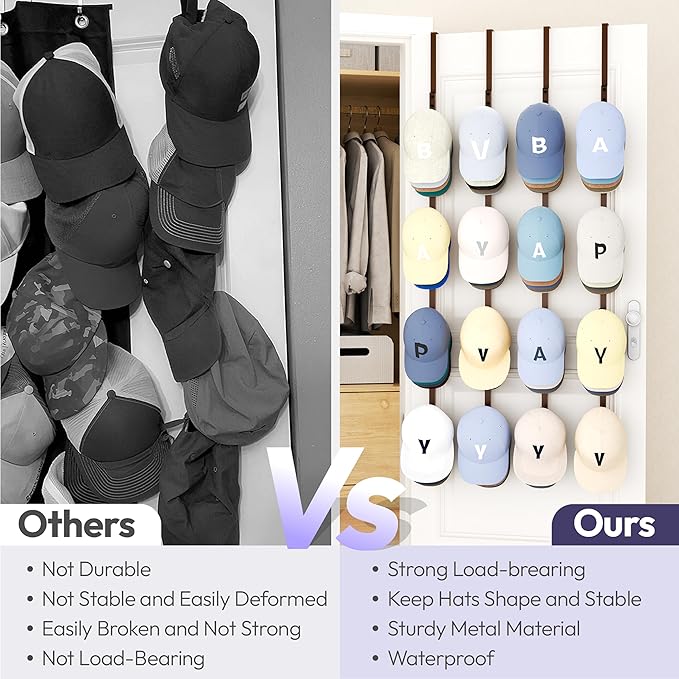 SWTYMIKI Over Door Hat Organizer - 4 Packs Metal Hanging Hat Rack with 16 Hooks Design, Baseball Cap Hanger Organizer Storage Holds up to 80 Caps for Door, Bedroom, Closet