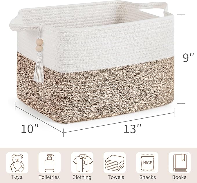 Mkono Woven Storage Basket, Cube Cotton Rope Basket for Shelves, Clothes, Toys, Towels, Books, Rectangle Bin with Handles for Organizing, Decorative Gift, 13'' x 10'' x 9'', Brown and White (1 Pack)