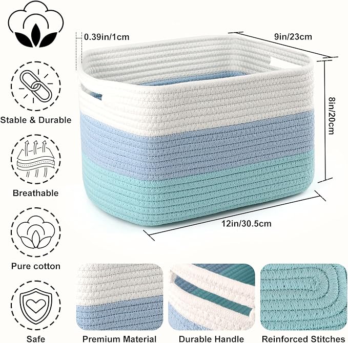 4 Pack Storage Baskets for Organizing, 12''Lx9''Wx8''H Woven Baskets for Storage Toys, Towels, Books, and Clothes, Cotton Rope Basket for Shelves with Handle White & Brown