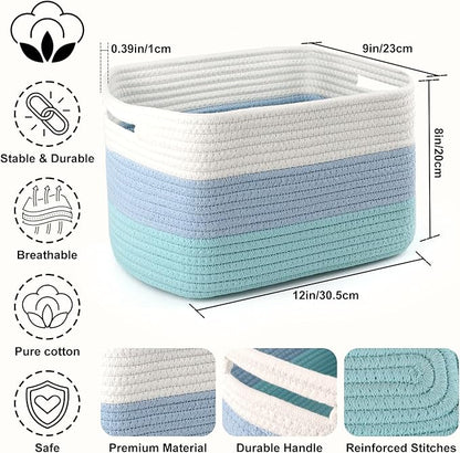 4 Pack Storage Baskets for Organizing, 12''Lx9''Wx8''H Woven Baskets for Storage Toys, Towels, Books, and Clothes, Cotton Rope Basket for Shelves with Handle White & Brown