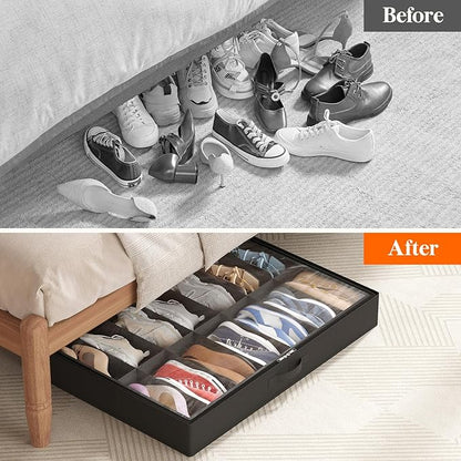 Lifewit Under Bed Shoe Storage Organizer 4 Pack(14 Shoes Cells), 4.3 Inches Tall Low Profile Fabric Shoes Container Box with Clear Cover, Foldable Storage Bag with 2 Handles, Fits 28 to 56 Pairs