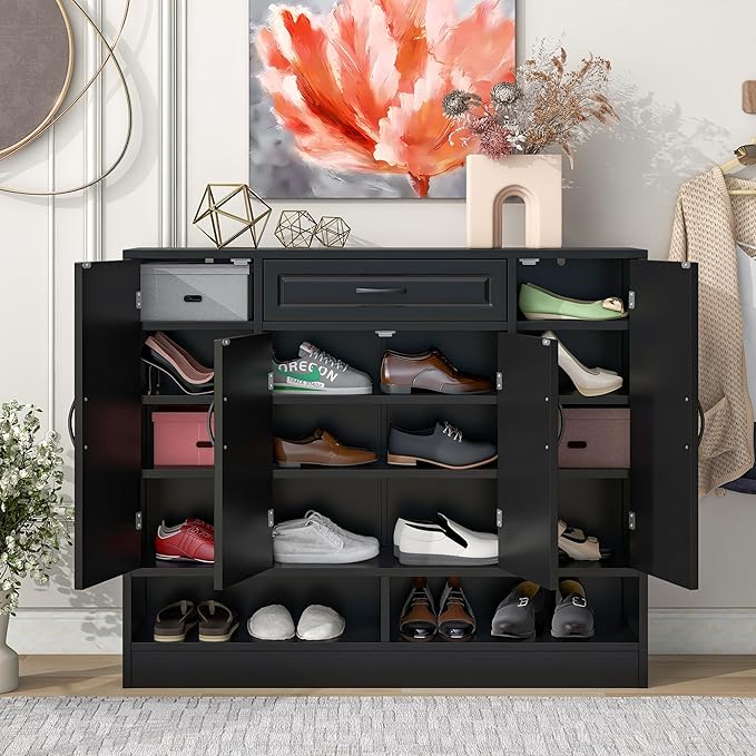 Shoe Cabinet with Adjustable Shelves, Minimalist and Modern Shoe Storage Organizer with Cabinets and Drawer, Space-saving Design Shoe Rack for Various Sizes of Shoes (Black-Customized Shelves 8)