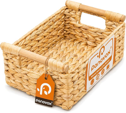Water Hyacinth Wicker Basket, 10.24*7.87*3.94 Inch Woven Basket with Handles, Wooden Handles Wicker Storage Basket, Rattan Basket for Decorative Baskets, Pantry, Shelves, Gift, Toys - Small
