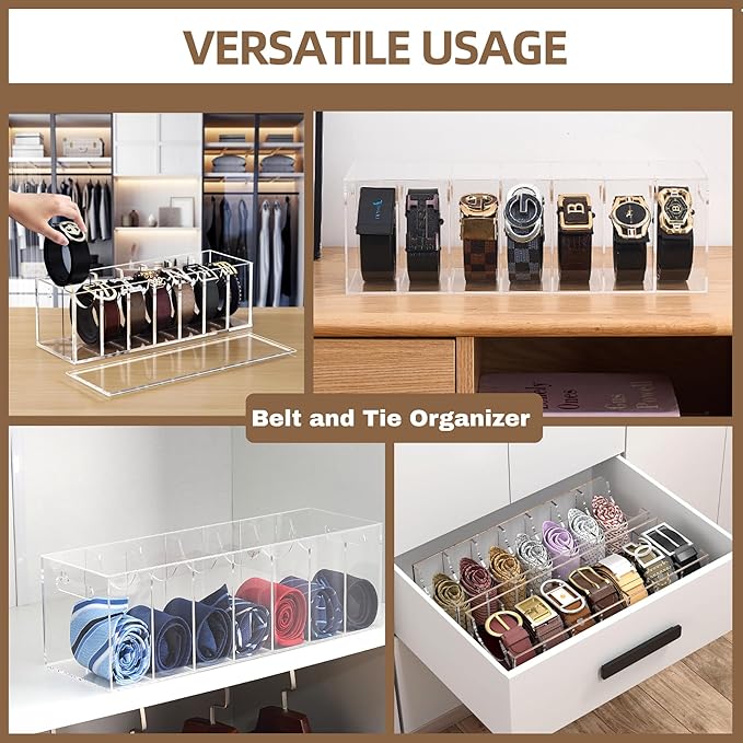 Acrylic Belt Organizer with Dust Cover – Clear Belt Rack & Storage Box, 7-Compartment Belt Holder for Closet, Drawer or Wall Mount – Space Saving Tie & Accessory Organizer for Men & Women