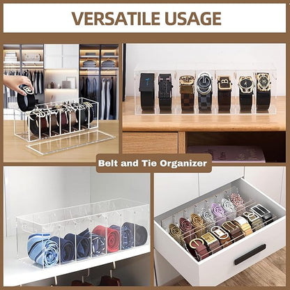 Acrylic Belt Organizer with Dust Cover – Clear Belt Rack & Storage Box, 7-Compartment Belt Holder for Closet, Drawer or Wall Mount – Space Saving Tie & Accessory Organizer for Men & Women