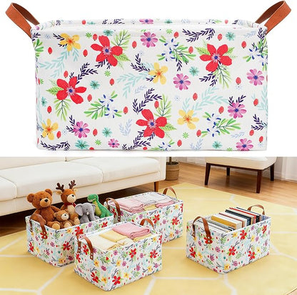 yarlung 4 Pack Floral Storage Bins with Handles, 15"x10.5"x8" Collapsible Large Storage Basket for Laundry, Decorative Fabric Lined Shelf Baskets for Organizing Clothes, Toys, Books