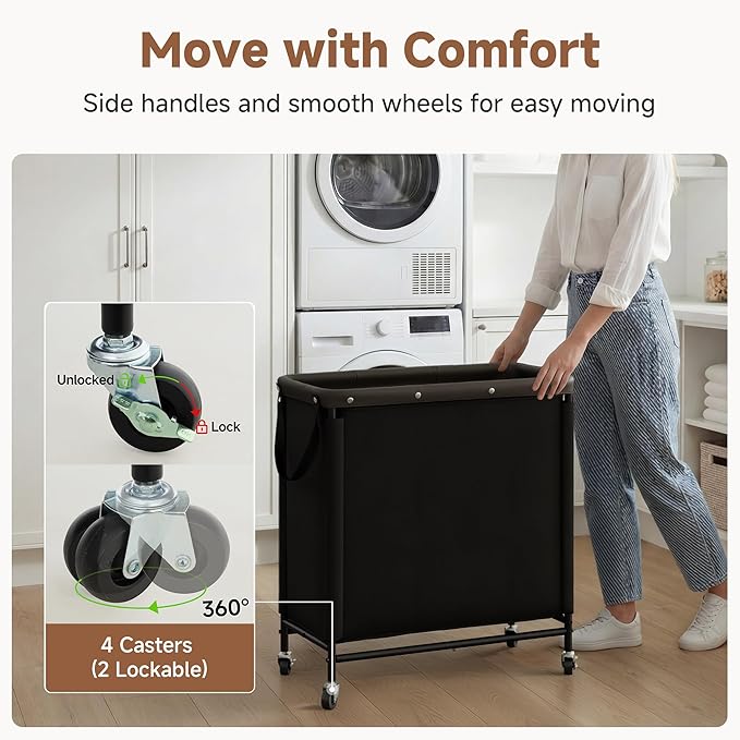 StorageWorks 3 Section Laundry Hamper, Rolling Laundry Cart with Wheels and Handles, Laundry Room Double Sorter for Organizer and Storage, 31.7 Gal(120L), Black