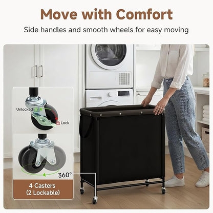 StorageWorks 3 Section Laundry Hamper, Rolling Laundry Cart with Wheels and Handles, Laundry Room Double Sorter for Organizer and Storage, 31.7 Gal(120L), Black