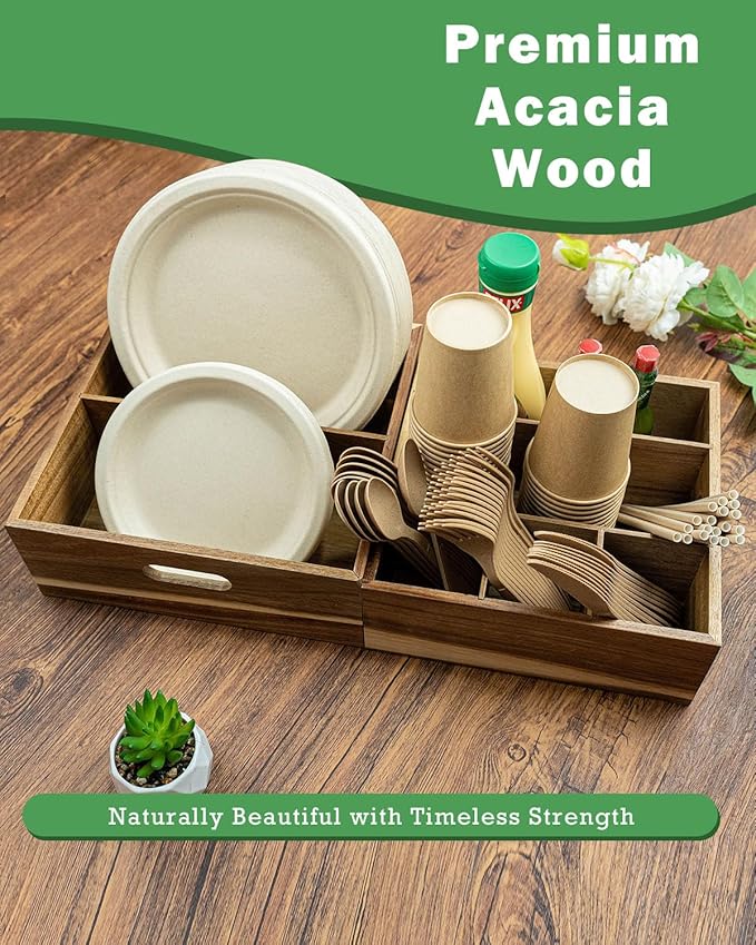 Acacia Wood Utensil Holder for Party (Set of 2) - 11" x 9.5" Utensil Caddy for Parties & Silverware Caddy for Countertop - Holds Plates, Napkins, Cups, Spoons, Forks - Kitchen Accessories
