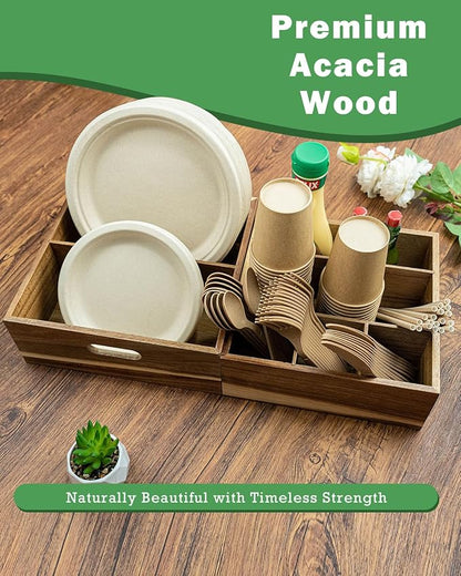 Acacia Wood Utensil Holder for Party (Set of 2) - 11" x 9.5" Utensil Caddy for Parties & Silverware Caddy for Countertop - Holds Plates, Napkins, Cups, Spoons, Forks - Kitchen Accessories