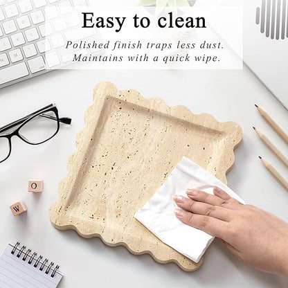 Square Travertine Vanity Tray with Scalloped Edge - Natural Stone Perfume Tray Decor for Dresser, Vanity, Kitchen, Home Decor, Decorative Square Stone Tray - Travertine 8 * 8 inch