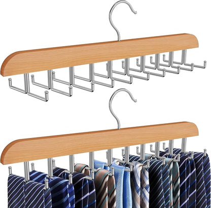 Tie Rack Hanger for Closet, 2 in 1 Belt Tie Hangers with 20 Folding Hooks, 360 Degree Rotating Wooden Tie Holder Organizer for Men Ties Belts Scarves Tank Tops Accessories, Wood (2 Pack)