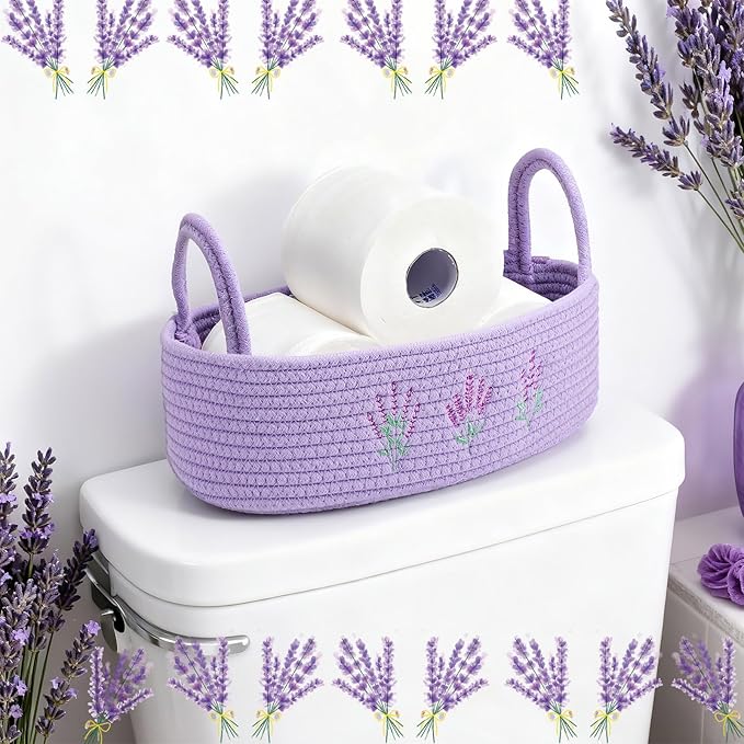 Vesici Storage Basket for Toilet Tank Top Lavender Purple Woven Cotton Rope Bathroom Countertop Toilet Paper Basket with Handle Boho Bathroom Decor for Organizer Nursery Toys 13 x 6 x 4 Inch