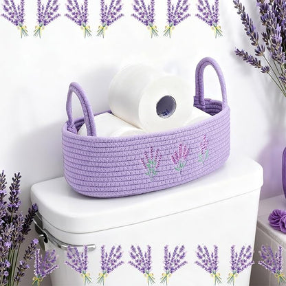 Vesici Storage Basket for Toilet Tank Top Lavender Purple Woven Cotton Rope Bathroom Countertop Toilet Paper Basket with Handle Boho Bathroom Decor for Organizer Nursery Toys 13 x 6 x 4 Inch