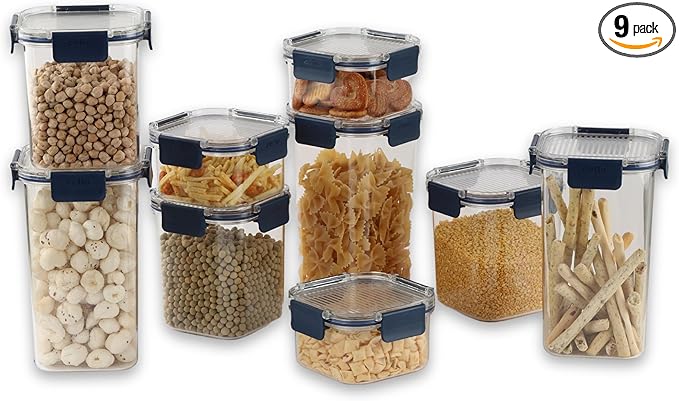 CELLO Stack Lock 9 Pack Airtight Fridge Storage Containers BPA Free for Dry Food, Legumes, Spices (900ml, 450ml + 1300ml) x 3 each, Blue