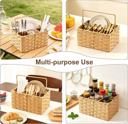 Wicker Utensil Caddy – Tabletop Utensil & Silverware Organizer with Handle, Multi-Use Cutlery and Condiment Holder, Kitchen Countertop Basket, Ideal for Parties, Picnics & Buffets