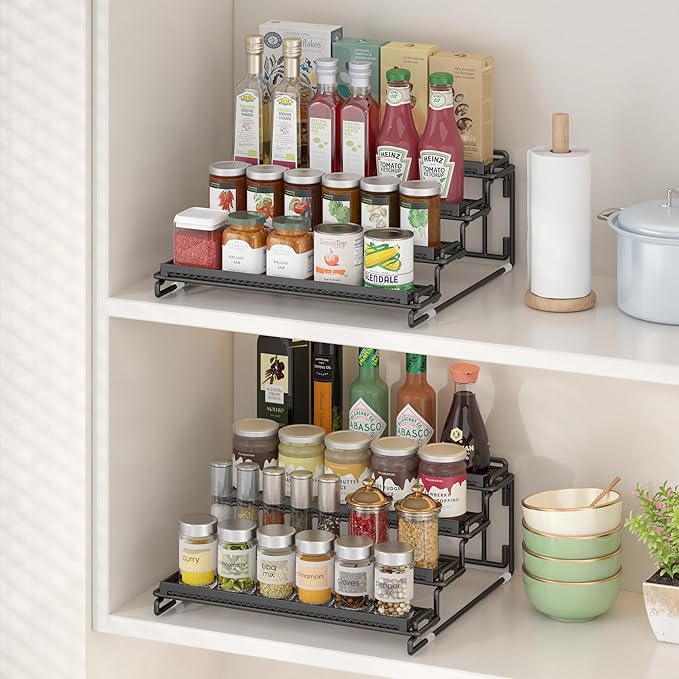 4 Tier Spice Rack Organizer for Cabinet, Black (2 Pack) Seasoning Organizer Rack for Inside Cabinets, Countertop, Pantry Storage