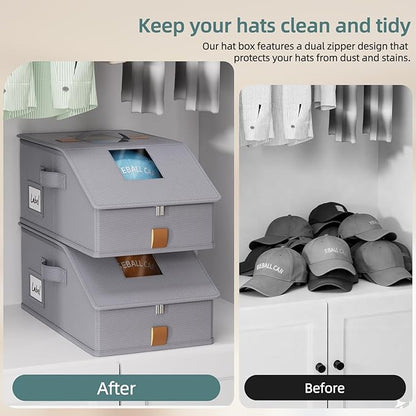FHSQX 3PCS Hat Organizer for Baseball Caps Stackable Storage Bins With Clear Window Lid Holds Up To 36 Caps Space-Saving Hat Boxes for Closet (Deep Grey, (17.7 * 9.1 * 7.1in)*3)