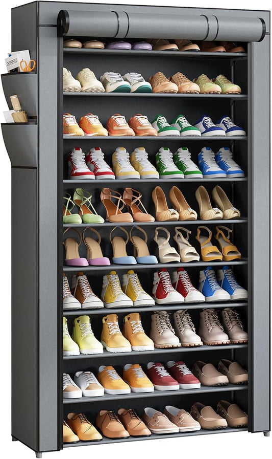 Kitsure Shoe Rack - 10-Tier Shoe Organizer with Zippered Dust Cover & Side Pockets, Easy to Assemble, Space Saving Shoe Rack for Closet, Entryway, Living Room, 33" x 12.4" x 69.3", Grey