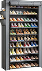 Kitsure Shoe Rack - 10-Tier Shoe Organizer with Zippered Dust Cover & Side Pockets, Easy to Assemble, Space Saving Shoe Rack for Closet, Entryway, Living Room, 33" x 12.4" x 69.3", Grey