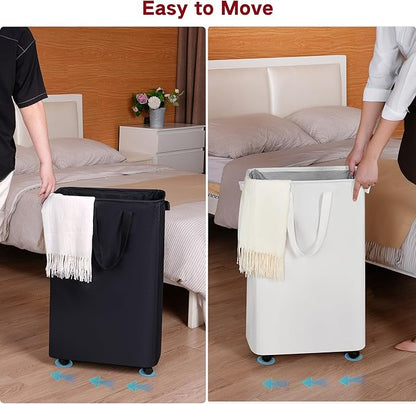 efluky Slim Laundry Hamper with Wheels, Rolling Laundry Basket for Clothes, Small Laundry Basket for Bedroom, Dorm and Laundry Room, 75L (19.8 Gallons) White