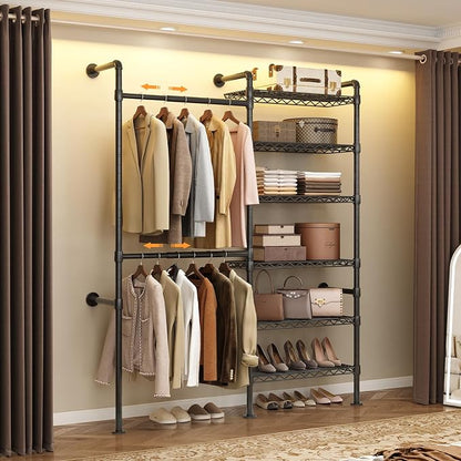 Wall Mounted Garment Rack, Walk-in Closet System with Expandable Rods, Adjustable Shelves, Industrial Pipe Clothing Racks, Hanging Clothes Organizers and Storage, Metal Closet Shelving Wardrobe