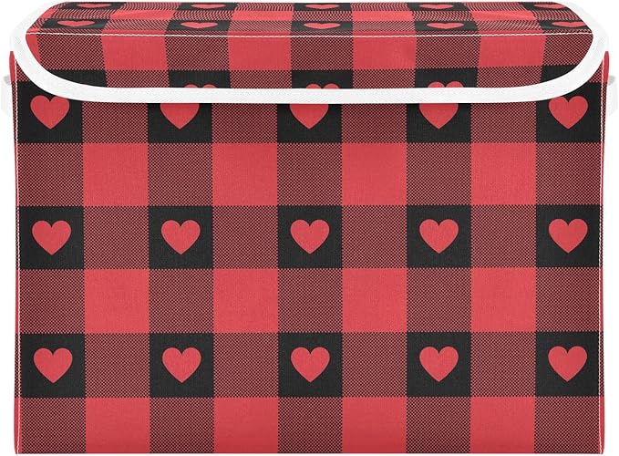 senya Valentines Storage Baskets Collapsible Storage Bins with Lids, Red Buffalo Check Gingham Love Heart Storage Boxes Clothes Baskets for Organizing