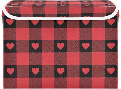 senya Valentines Storage Baskets Collapsible Storage Bins with Lids, Red Buffalo Check Gingham Love Heart Storage Boxes Clothes Baskets for Organizing
