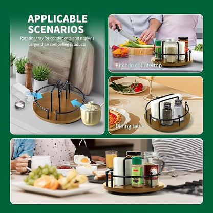 Napkin Holder for Table,360° Rotating Lazy Susan Turntable Organizer for Cabinet,9 inches Kitchen Table Decor&Counter Tray Can Hold Salt and Pepper Shakers (Walnut Brown)