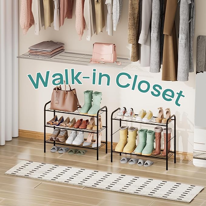 viewcare Shoe Rack for Closet, 3-Tier Small Shoe Rack for Entryway & Garage, Sturdy Metal Construction, Shoe Organizer Holds 6-9 Pairs
