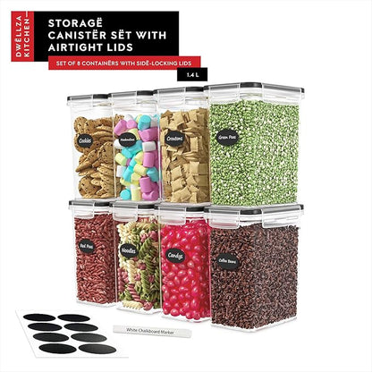 DWËLLZA KITCHEN Airtight Food Storage Container Set - 8 Pieces 1.4L - Plastic BPA Free Kitchen Pantry Storage Containers with Lids - Dishwasher Safe - Include 8 Labels - Keeps Food Fresh & Dry