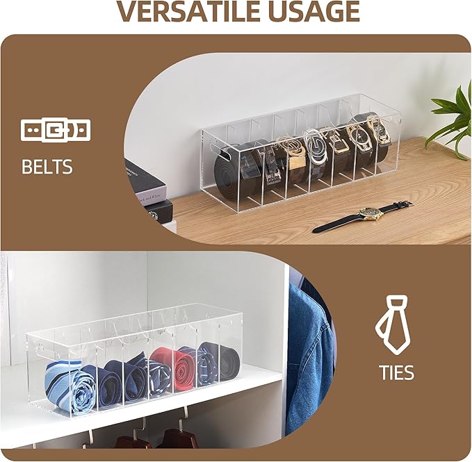 Acrylic Belt Organizer with Dust Cover – Clear Belt Rack & Storage Box, 7-Compartment Belt Holder for Closet, Drawer or Wall Mount – Space Saving Tie & Accessory Organizer for Men & Women