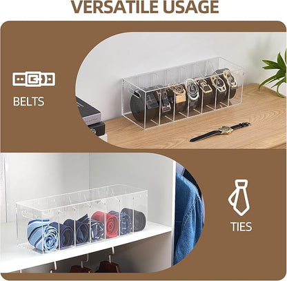 Acrylic Belt Organizer with Dust Cover – Clear Belt Rack & Storage Box, 7-Compartment Belt Holder for Closet, Drawer or Wall Mount – Space Saving Tie & Accessory Organizer for Men & Women