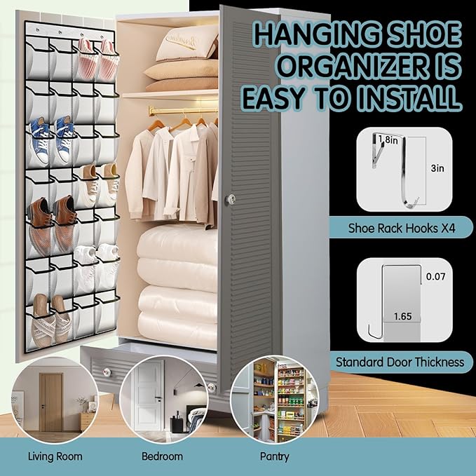 Kotkn 28 Compartment Over the Door Shoe Organizer, Breathable Mesh Large Shoe Rack for Closet Storage, Space Saving Hanging Shoe Holder with Reinforced Hooks (Fits Men & Women,White-01)