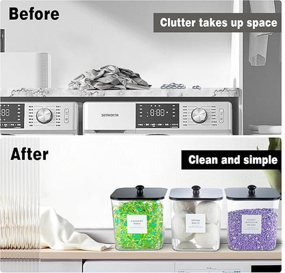 Laundry Room Organization Container, 4pcs Acrylic Laundry Pod Storage Containers, Black Dryer Sheet Holder Jars with Bamboo Lids and Labels for Scent Booster Powder Detergent Pods Storage