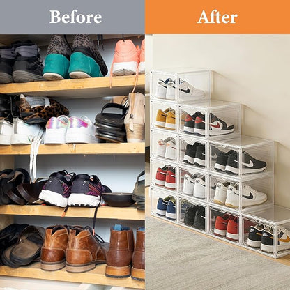 Stackable Storage Shoe Box with Magnetic Side Opening Door, Thick and Sturdy Transparent Plastic, Suitable for Floor Standing Shoe Racks and Storage in Wardrobes - 12Pcs