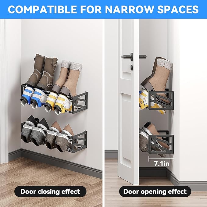 2 Pack Wall Shoe Rack,Hanging Shoe Storage Holds 8 Pairs of Shoes Over The Door Wall Mounted Shoe Organizer Space Saving for RV Closet Camper Black
