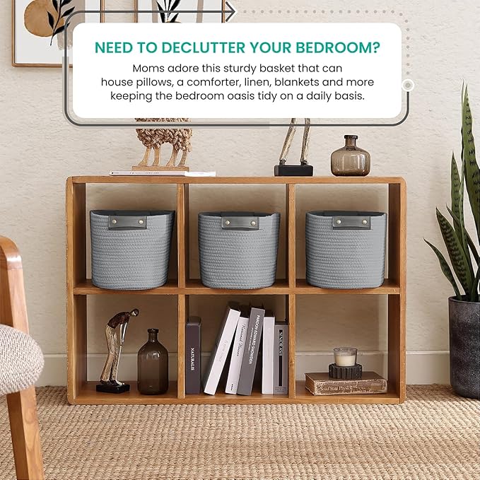 3 Pack Cotton Rope Storage Basket Woven Shelf Storage Bin with Faux Leather Handles, Decorative Closet Shelf Woven Basket for Storage Organizers, 15 x 10 x 9, Gray