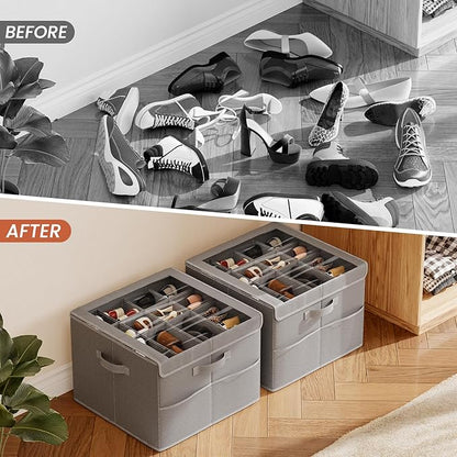 PHINOX Shoe Organizer for Closet, Fits 12-24 Pairs, Shoe Storage Bins with Clear Cover and Reinforced Handles, Foldable Shoe Storage Organizer, Space Saving Shoe Holder for Wardrobe, 2 Pack Gray