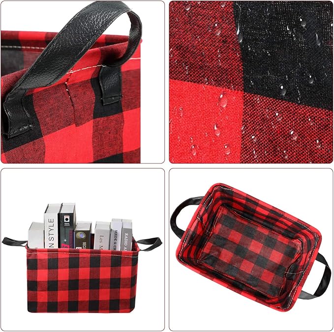 Boao 6 Pcs Buffalo Plaid Basket Square Storage Basket Buffalo Check Basket Bin Solid Storage Organizer with Handles Collapsible Square Organizer for Home Office (Red, Black, Plaid Style)