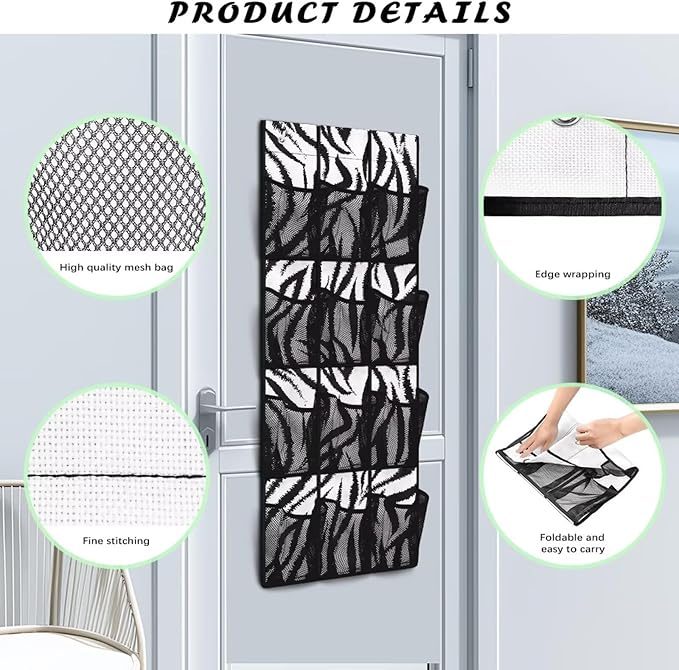 Zebra Print Over the Door Shoe Organizer Foldable Hanging Shoe Organizer with 12 Large Pockets Sturdy Oxford Storage Holder for Dorm Room