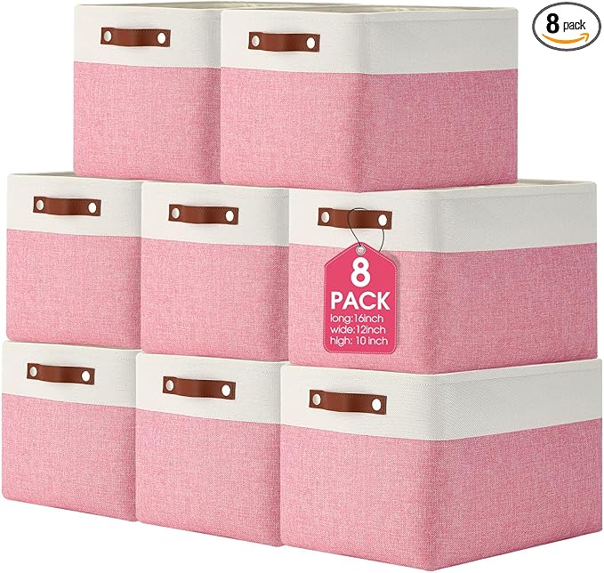 Uiifan 8 Pack 16 x 12 x 10 Inch Large Storage Baskets Collapsible Fabric Storage Cubes Bins with Handles for Shelves Closets Nursery Home Clothes Toys Organizers, Pink