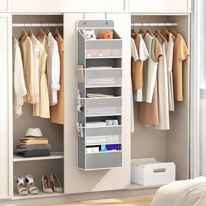 Kaitiemoo 1 Pack 5-Tier Over the Door Organizer, Heavy-Duty Large Deep Pocket Hanging With 5 Large Front & 6 Side Pockets With for Pantry, Kitchen, Bathroom, Dorm, Grey