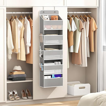 Kaitiemoo 1 Pack 5-Tier Over the Door Organizer, Heavy-Duty Large Deep Pocket Hanging With 5 Large Front & 6 Side Pockets With for Pantry, Kitchen, Bathroom, Dorm, Grey