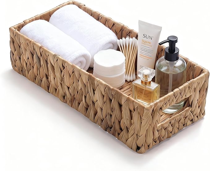 Wicker Toilet Tank Basket, Toilet Paper Basket for Back of Toilet Tank Top, Woven Water Hyacinth Bathroom Storage Basket for Organizing and Decor (14.2 x 6.5 x 3.7 inch)