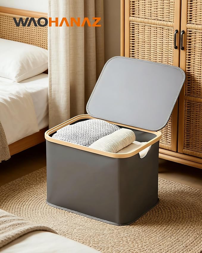 Storage Basket with Lid and Handles, 80L Fabric Bin for Shelf, Closet, Toy Organization, Collapsible Storage Organizer for Home, Grey