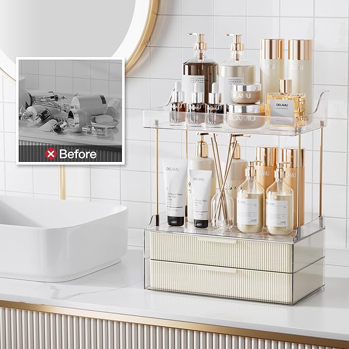 Delamu Bathroom Organizers and Storage, 2 Tier 2 Drawer Makeup Organizer Countertop, Easy to Install, Ideal for Bathroom Counter, Vanity, Ideal Gifts for Women Girls, Cream White