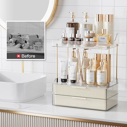 Delamu Bathroom Organizers and Storage, 2 Tier 2 Drawer Makeup Organizer Countertop, Easy to Install, Ideal for Bathroom Counter, Vanity, Ideal Gifts for Women Girls, Cream White