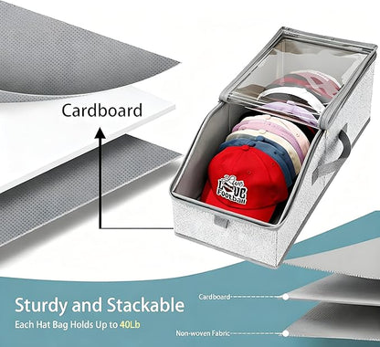 Stackable Hat Storage for Baseball Caps Clear Window Lid Large Space-Saving Hat Organizer for Closet, RV,Clothing Shelf, Sturdy Snapback Boxes Made of Breathable Fabric